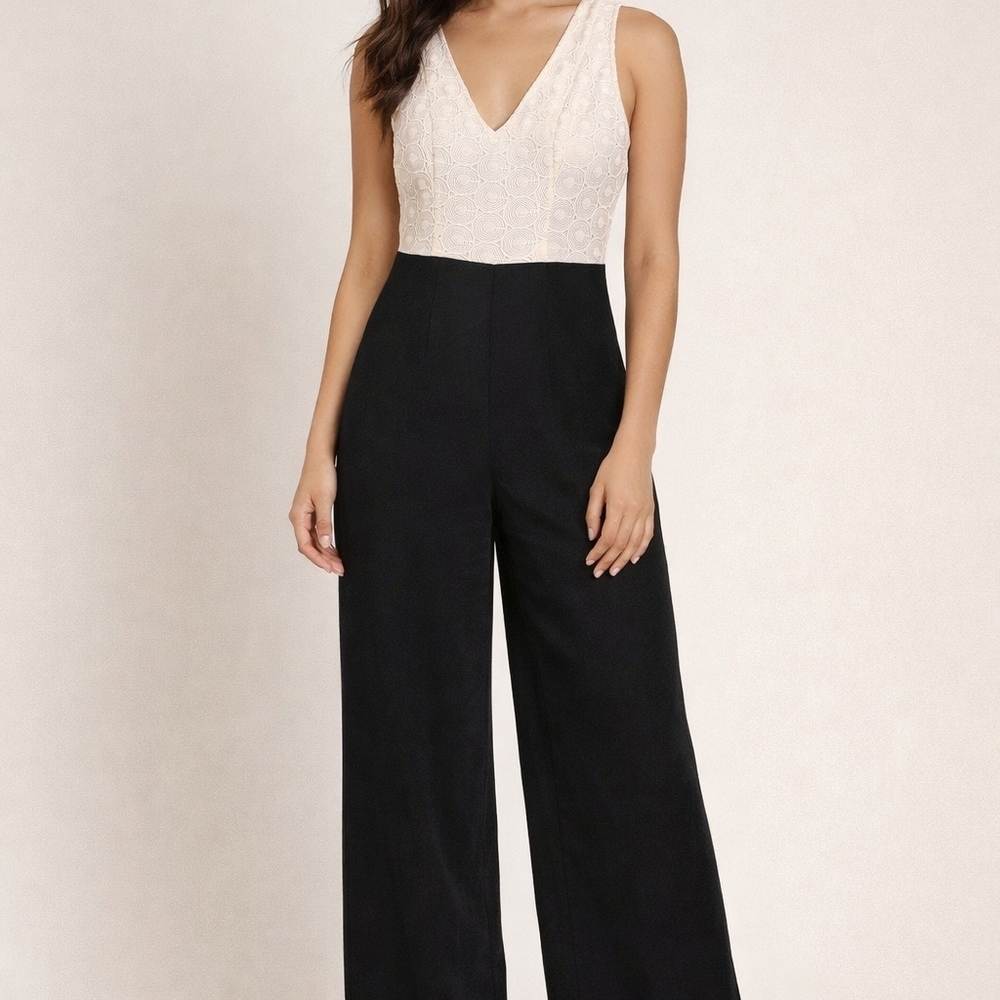 Plenty By Tracy Reese Wide-Leg Jumpsuit S Elegant V Neck Color-Block Lace Bodice